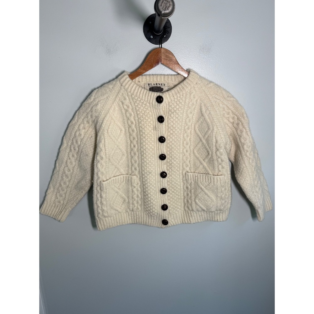 Blarney Woollen Mills Aran Knit Cardigan Sweater Womens XS Cream Wool Ireland